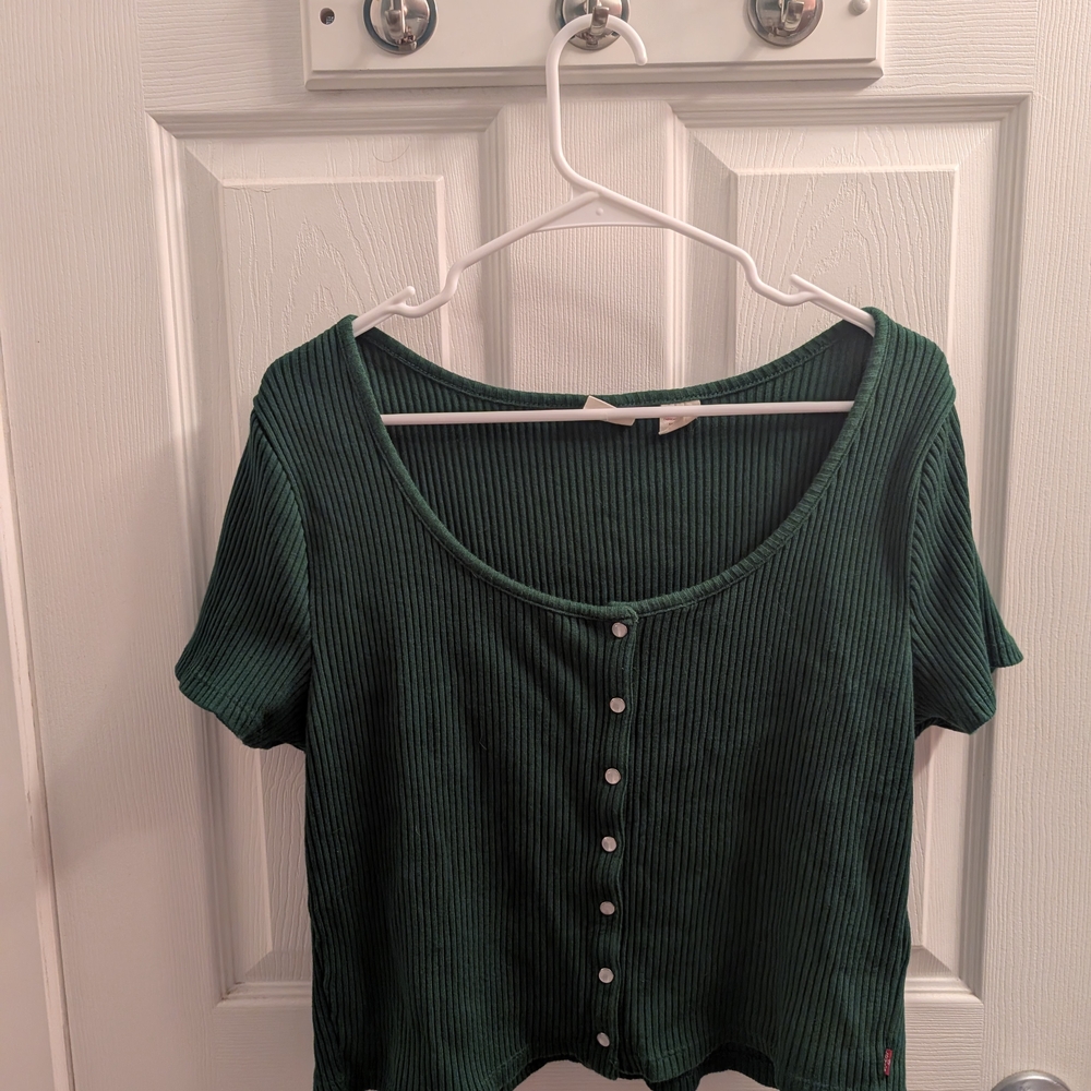 Green Ribbed Button-Up Women's Top